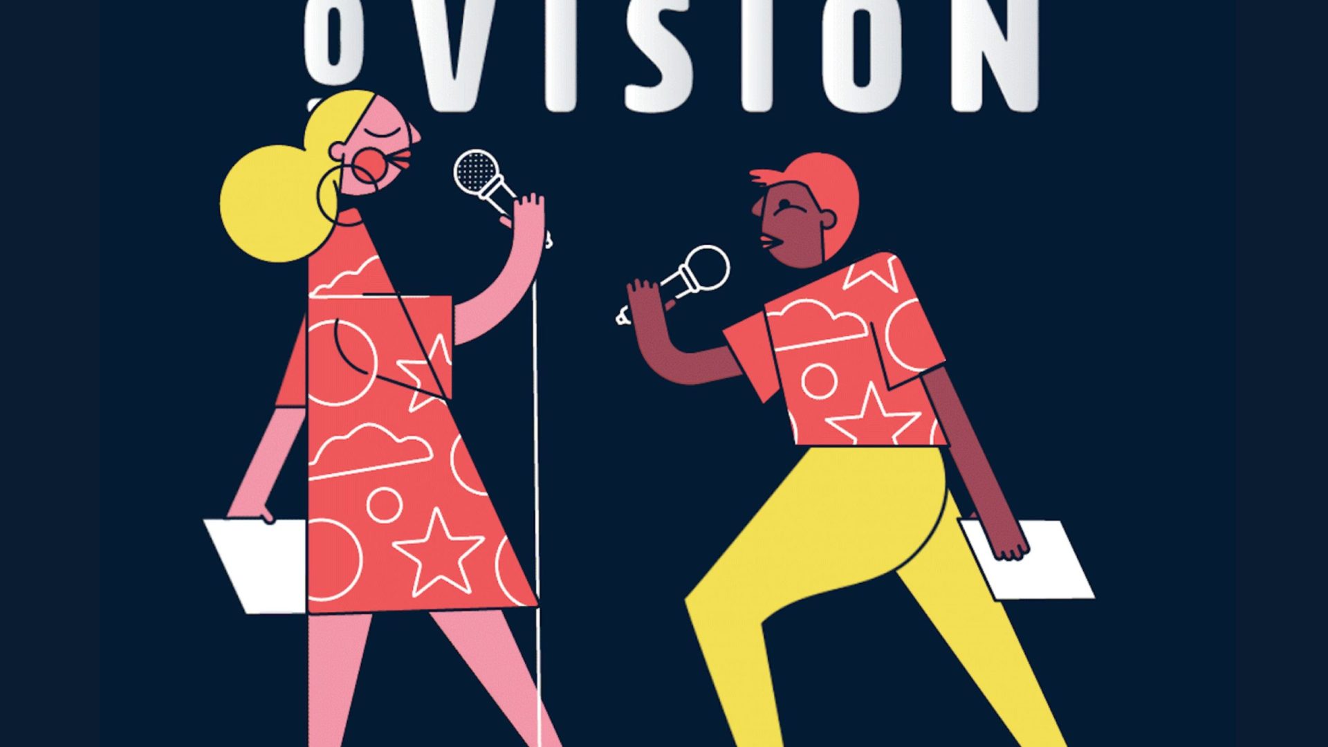 Kuvassa on Slamovision -kilpailun mainosjuliste, jossa kaksi värikkääsiti pukeutunutta ihmishahmoa pitelee mikrofonia ja paperia. Kuvatekstinä lukee_ Slamovision. Nottingham I 2023